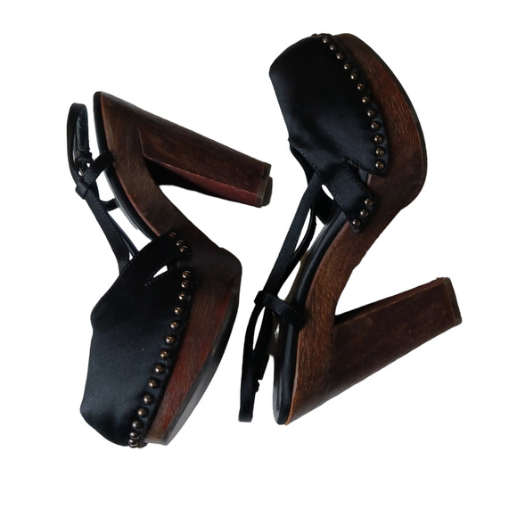 PRADA Wood Heels Black Satin Platform Closed Toe Bronze Studs Size 38.5 - Picture 13 of 14